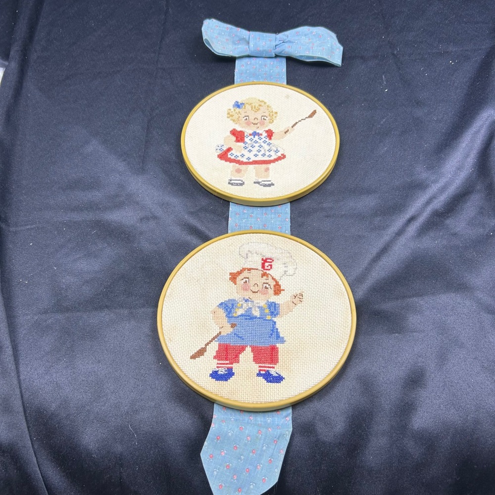 Vintage Campbells Soup Kids Cross Stitch Wall Hanging Blue Ribbon Kitchen Decor